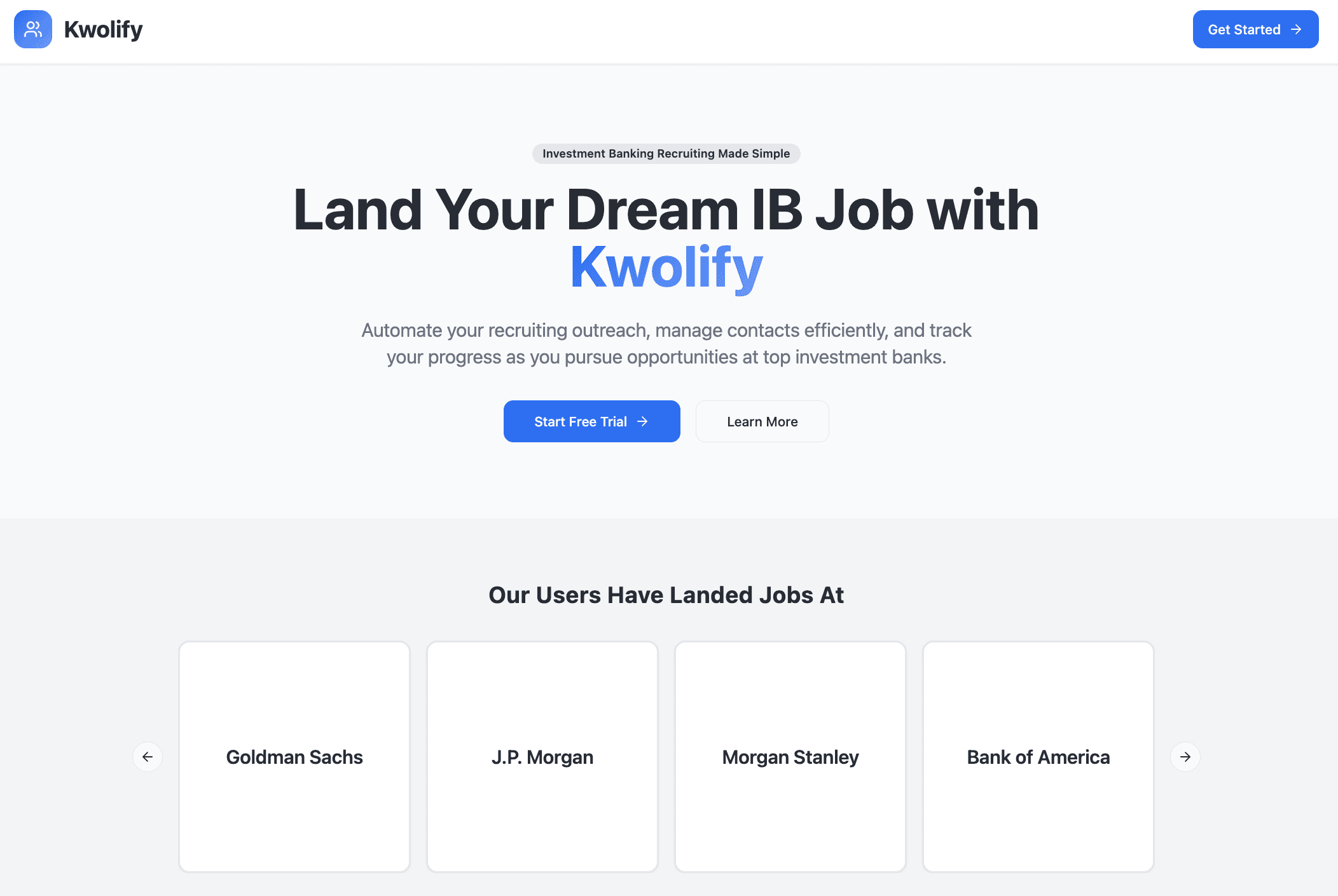 Kwolify investment banking recruiting dashboard with target firms, contacts, follow-ups, and smart outreach.