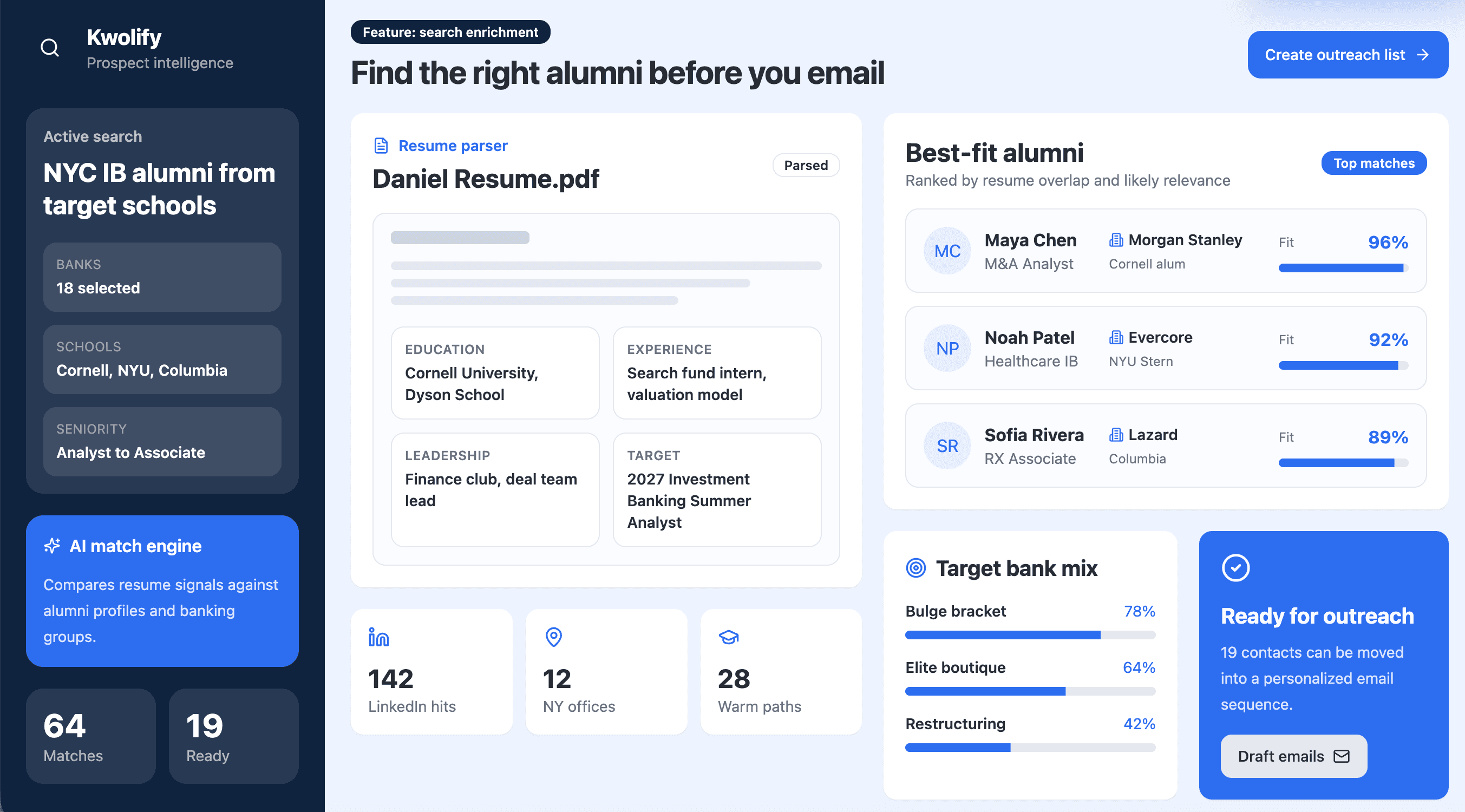 Kwolify prospect intelligence screen for finding best-fit investment banking alumni.