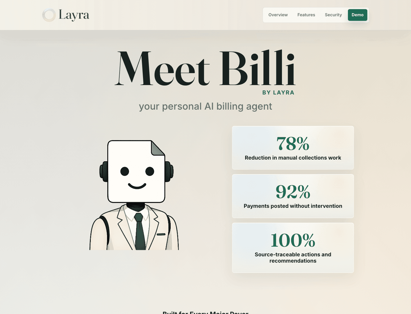 Layra website showing Billi, a personal AI billing agent.
